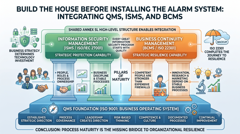 A mature Quality Management System (QMS-ISO9001) is the business operating system. Information Security Management (ISMS-ISO27001) and Business Continuity Management (BCMS-ISO22301) are strategic capabilities that grow naturally from that foundation.